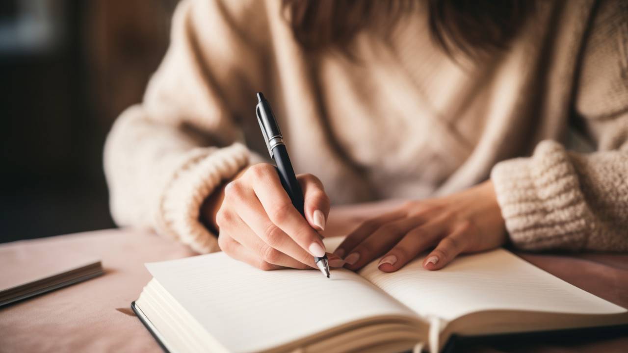 A woman in a cozy sweater writing in a journal, creating a calm and reflective moment—symbolizing a gentle weekly money reflection and a fresh financial start.