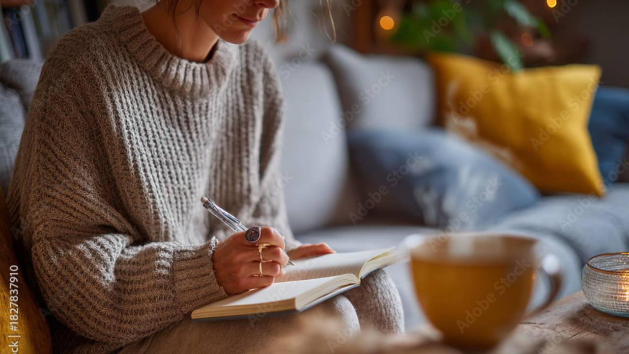 “Woman sitting in a cozy living room, journaling with a warm cup of coffee nearby, creating a calm weekly money check-in routine.”