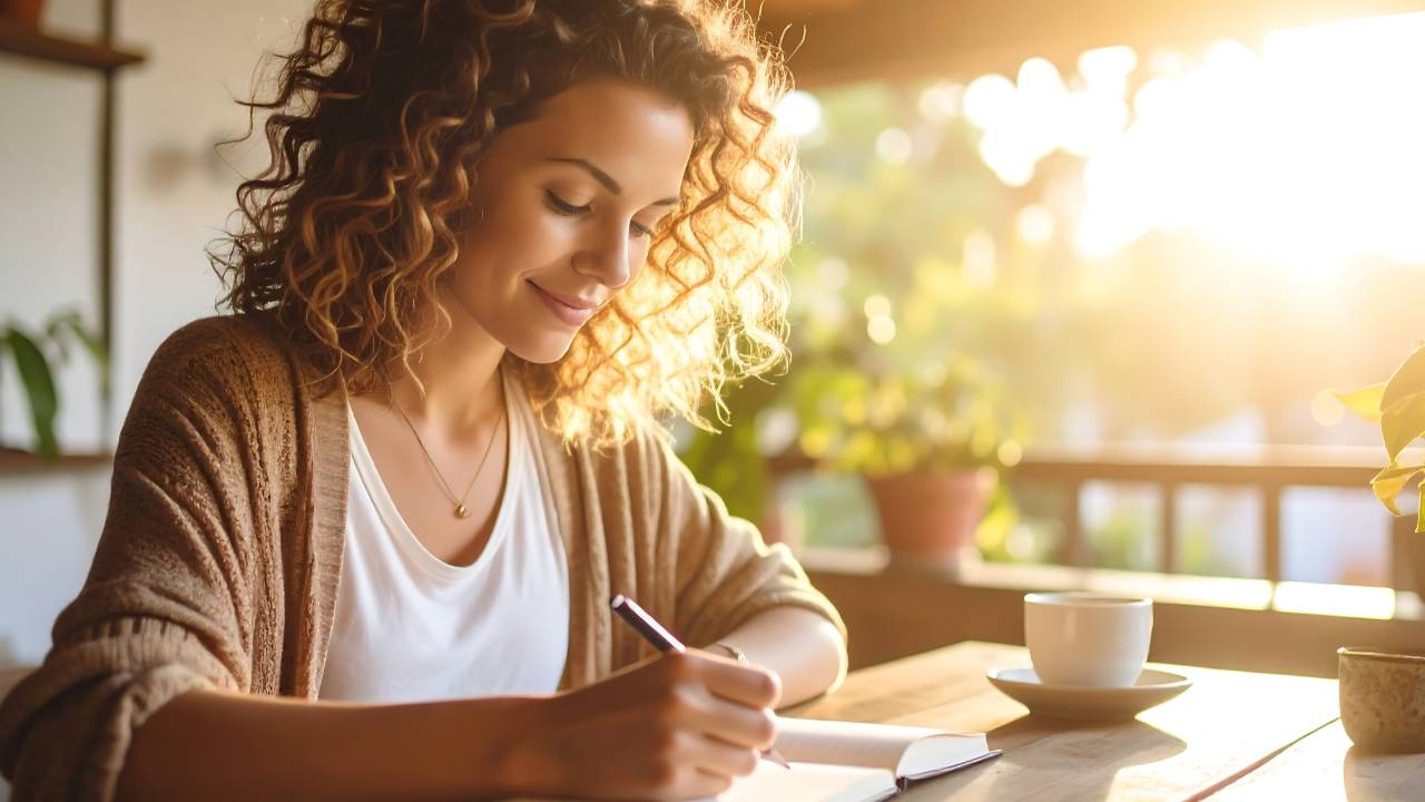 A woman journaling in soft morning light, reflecting calmly as she begins creating clarity around her finances.