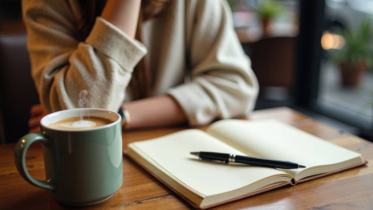 Woman sitting with a warm mug and an open journal in soft morning light, reflecting gently as she begins a fresh start with her finances.