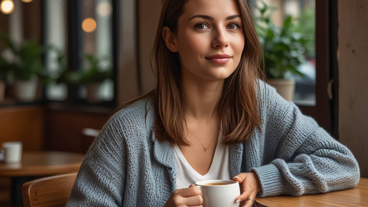A young woman sits in a warm, softly lit café, wearing a cozy gray sweater and holding a white coffee mug. She looks relaxed and thoughtful, with natural light coming through the windows behind her and plants softly blurred in the background. The mood is calm, comforting, and reflective—suggesting a gentle fresh start or moment of clarity.