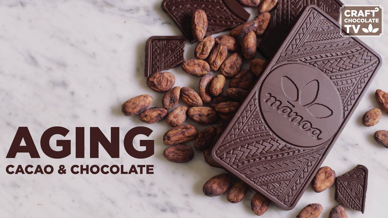 Image of chocolate beans and chocolate bars with text reading "Aging cacao & chocolate". 