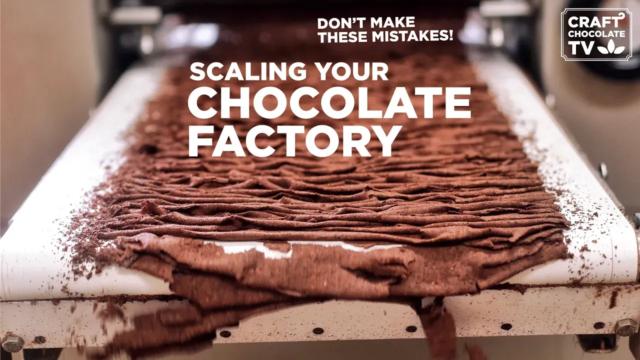 Image of ribbons of chocolate on prerefiner with text reading "Scaling Your Chocolate Factory". 