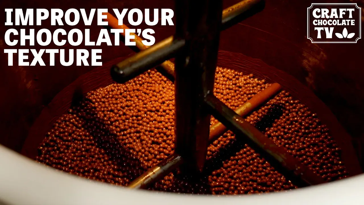 Image of chocolate ball mill with text reading "Improve Your Chocolate's Texture".