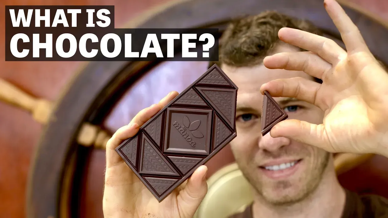 Image of a person holding a chocolate bar with text reading "What is Chocolate?".