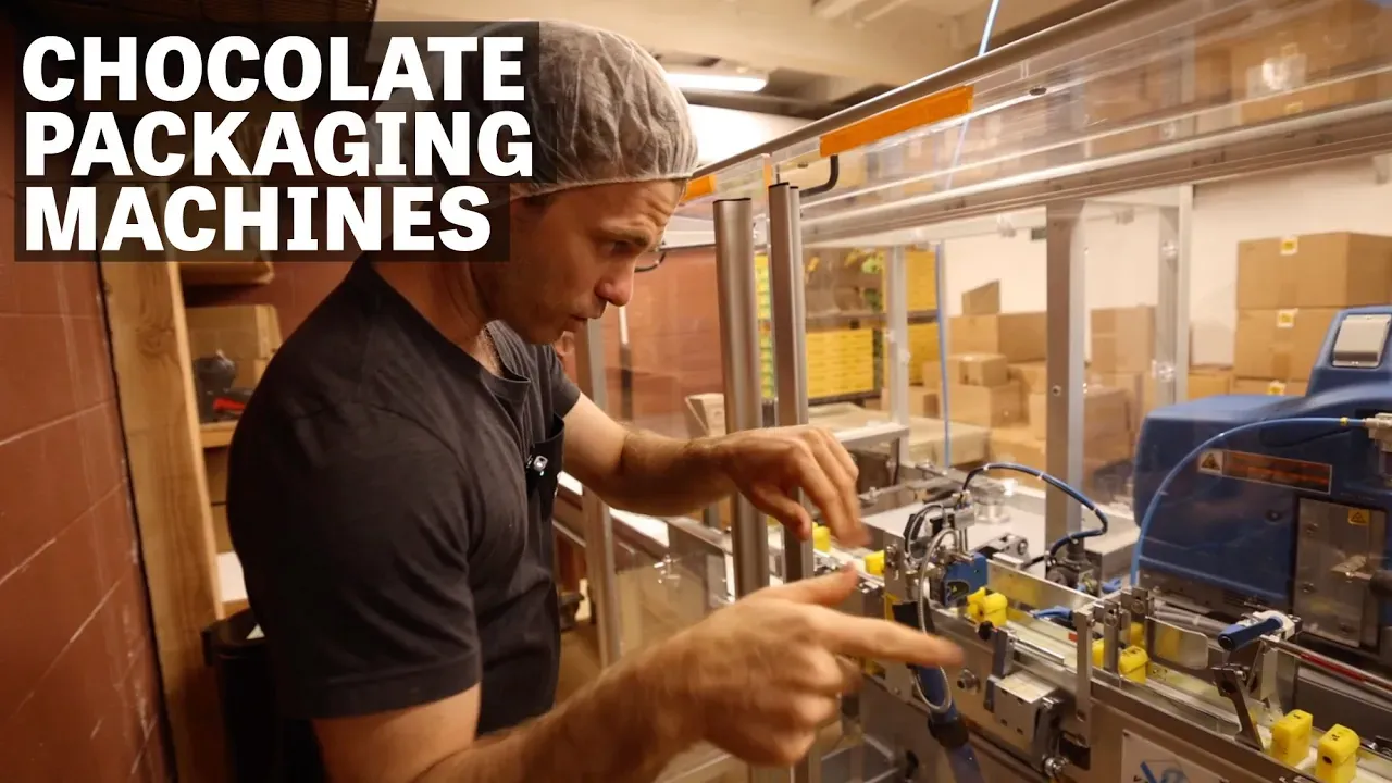Image of a person working with a chocolate packaging machine with text reading "Chocolate Packaging Machines". 