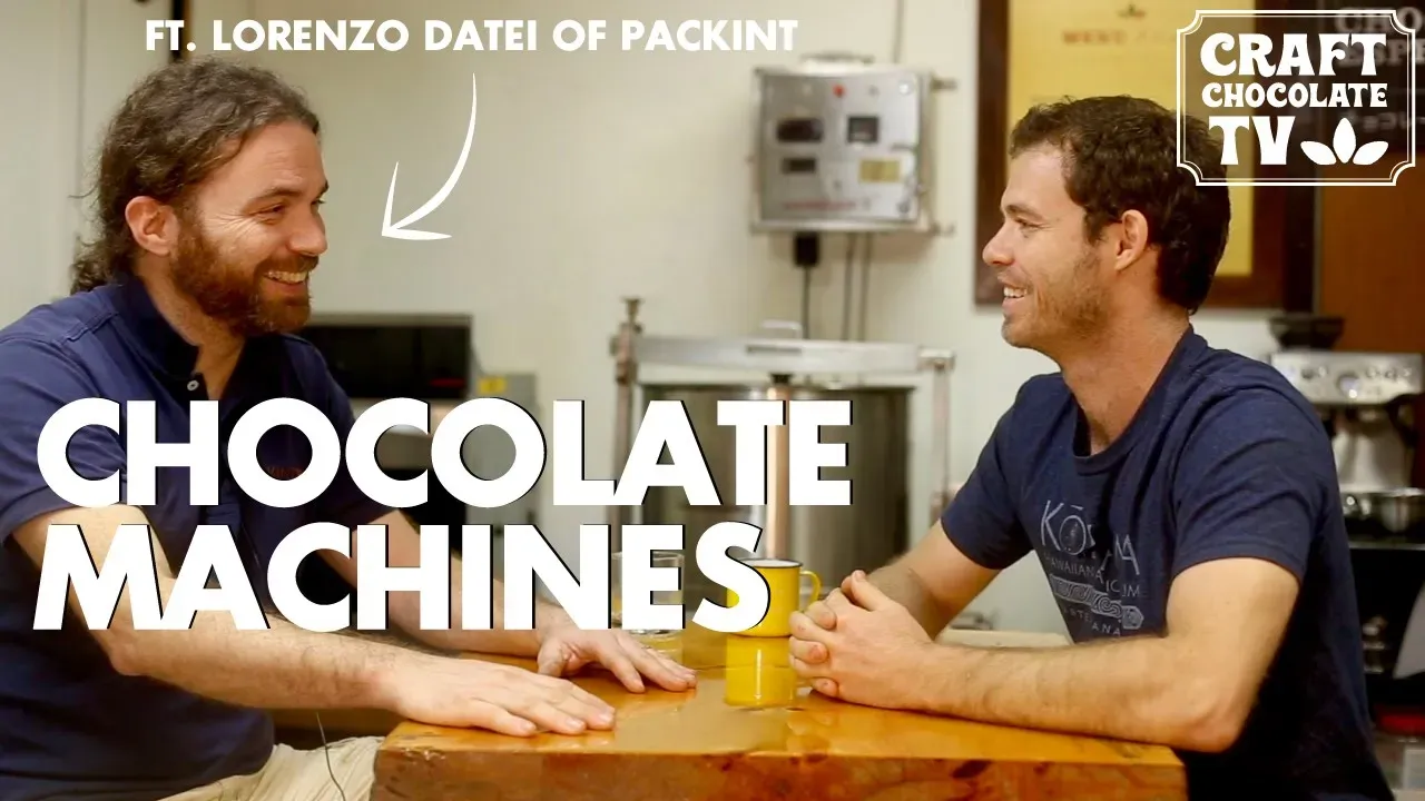 Image of two men talking with text reading "Chocolate machines ft. Lorenzo Datei Of Packint". 
