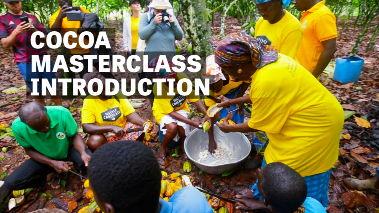 Image of cacao farmers harvesting cacao with text reading "Cocoa Masterclass Introduction". 