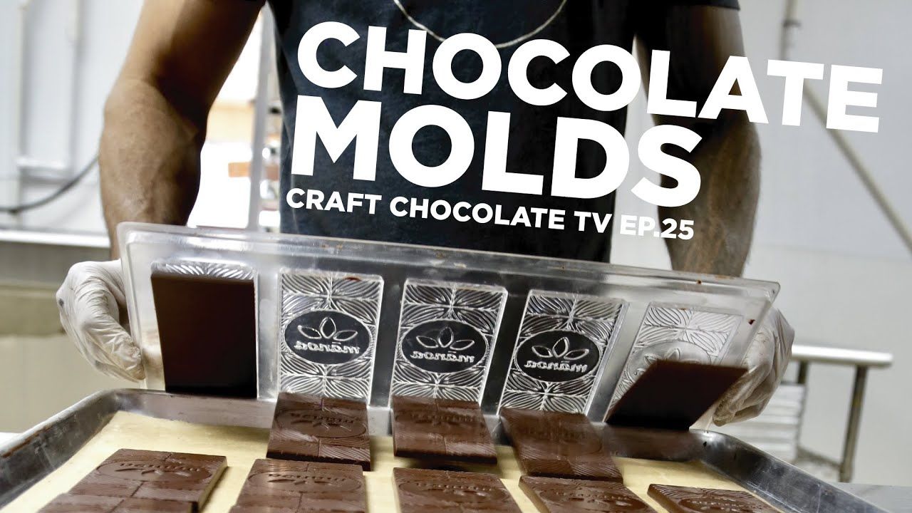 image of hands dumping chocolate bars out of molds with text reading "Chocolate Molds"