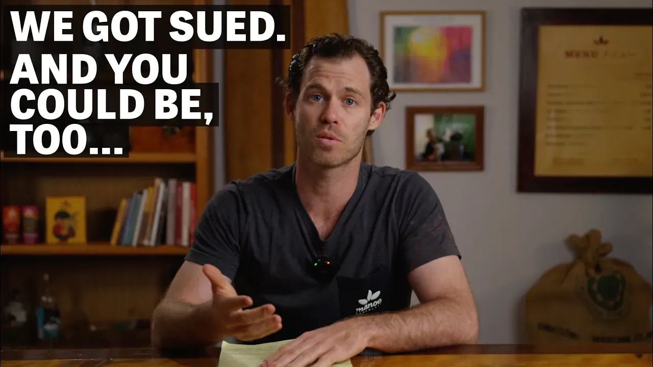 Image of a man speaking with text reading "We Got Sued. And You Could Be, Too..". 