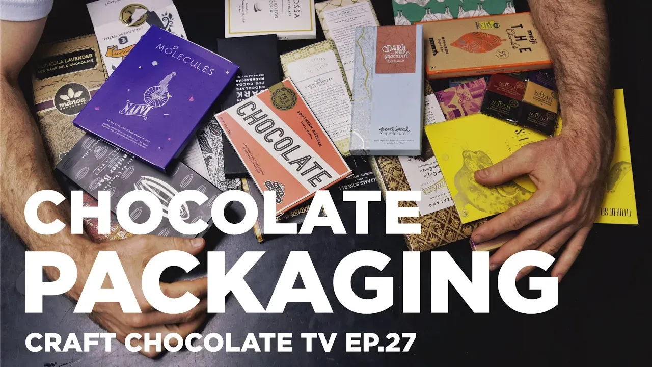 Image of hands holding a pile of chocolate packages with text reading "Chocolate Packaging"
