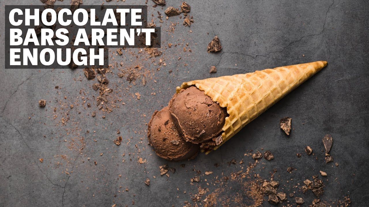 Image of chocolate icecream cone with text reading "Chocolate Bars Aren't Enough".