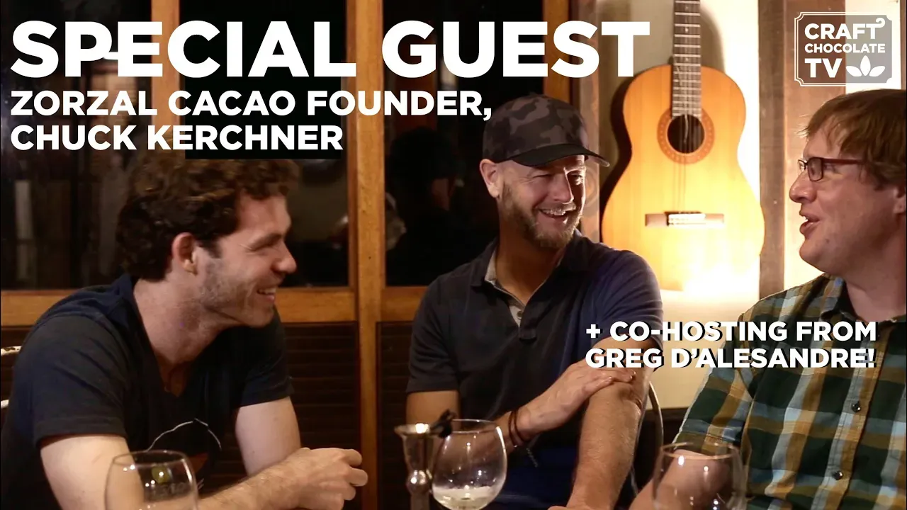 Image of three men talking with text reading "Special Guest Zorzal Cacao Founder, Chuck Kerchner". 