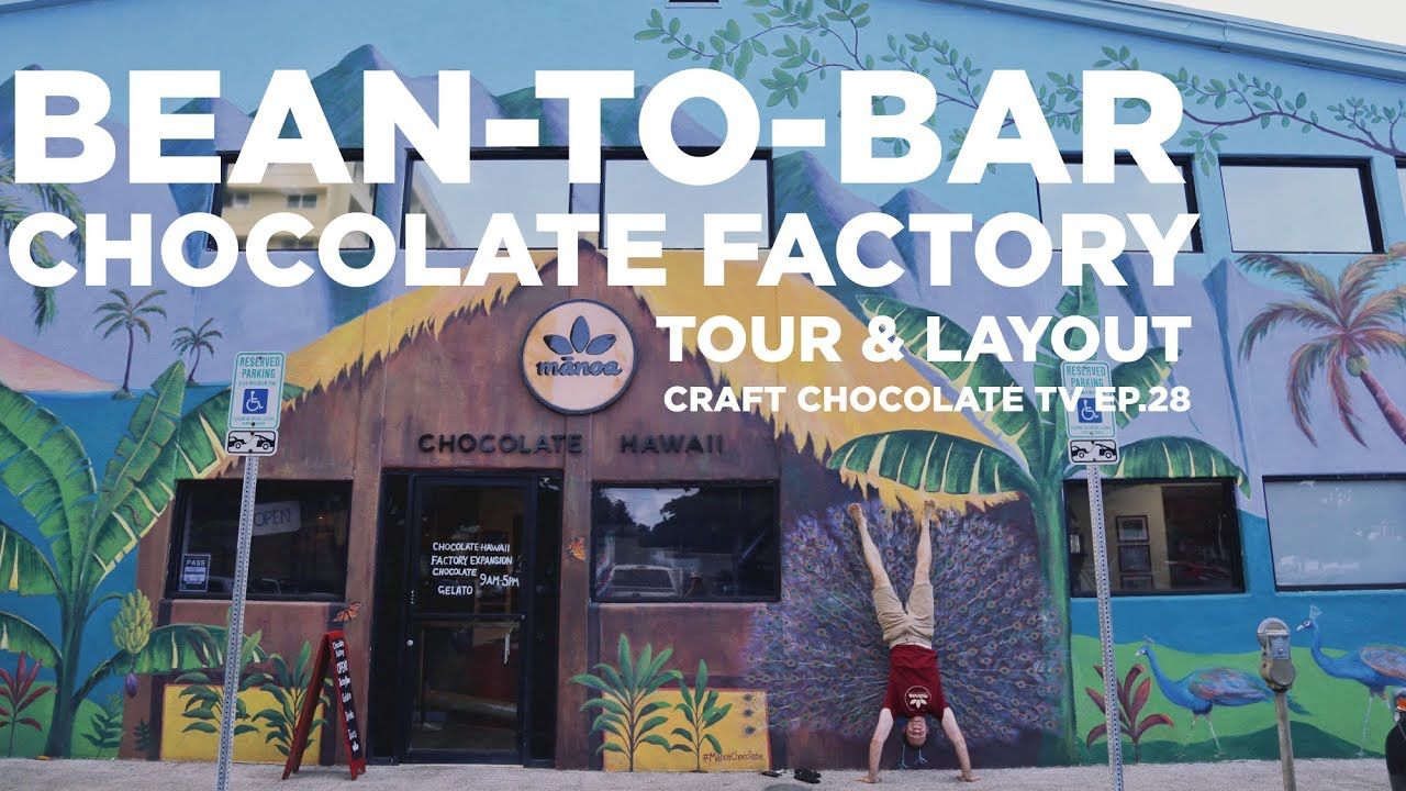 Image of man doing handstand in front of chocolate factory painted with a colorful mural with text reading "Bean-to-Bar Chocolate Factory Tour and Layout"
