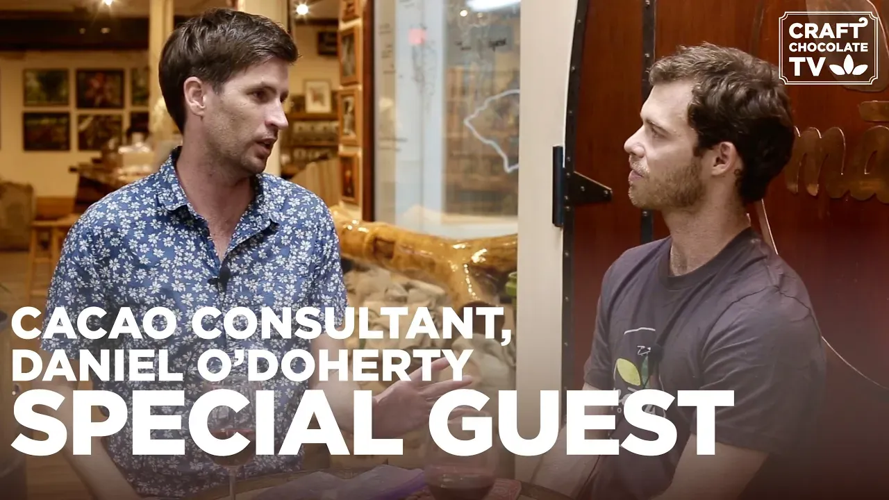 Image of two men talking with text reading"Cacao Consultant, Daniel O'Doherty Special Guest". 