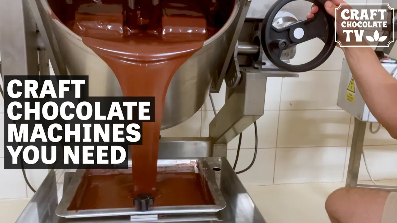 Image of chocolate pouring from chocolate grinder with text reading "Craft Chocolate Machines You Need".