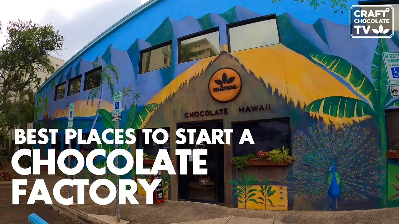 Image of a chocolate factory with colorful tropical mural with text reading "Best Places To Start A Chocolate Factory". 