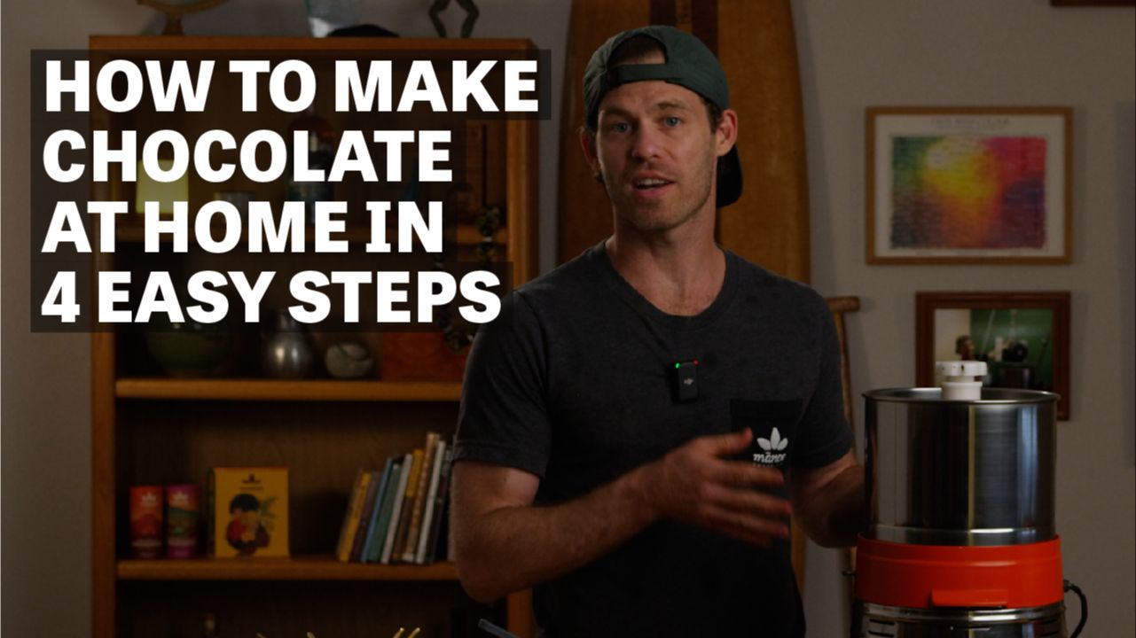 Image of a man speaking with text reading "How to Make Chocolate At Home In 4 Easy Steps". 