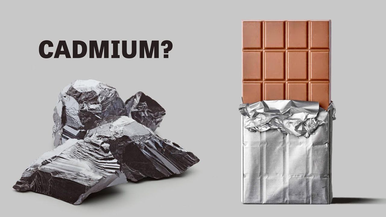 Image with cadium fragments and chocolate bar with text reading "Cadium?".