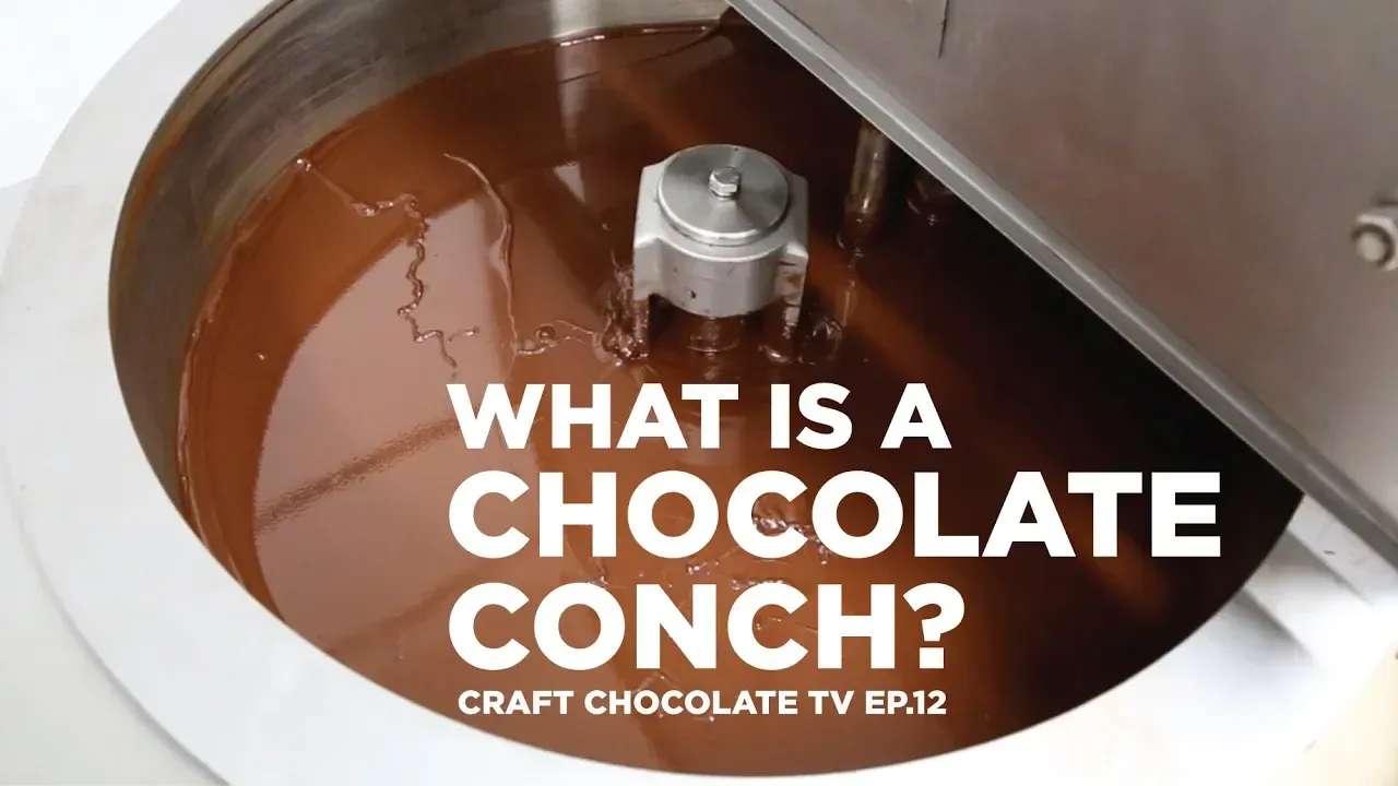image of liquid chocolate inside a conch tank with text reading "What is a Chocolate Conch?"