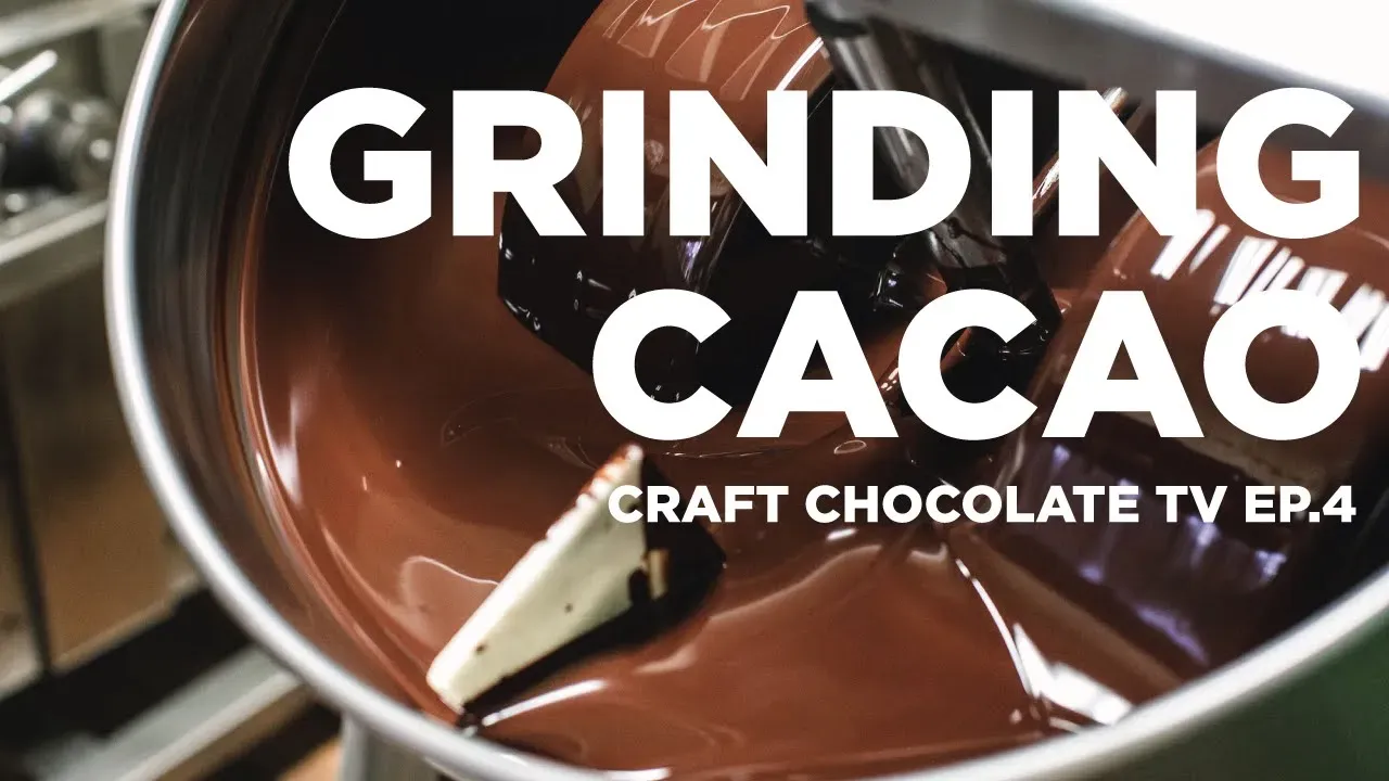 image of melanger full of refinined molten chocolate with text reading "Grinding Cacao - Craft Chocolate TV ep4"