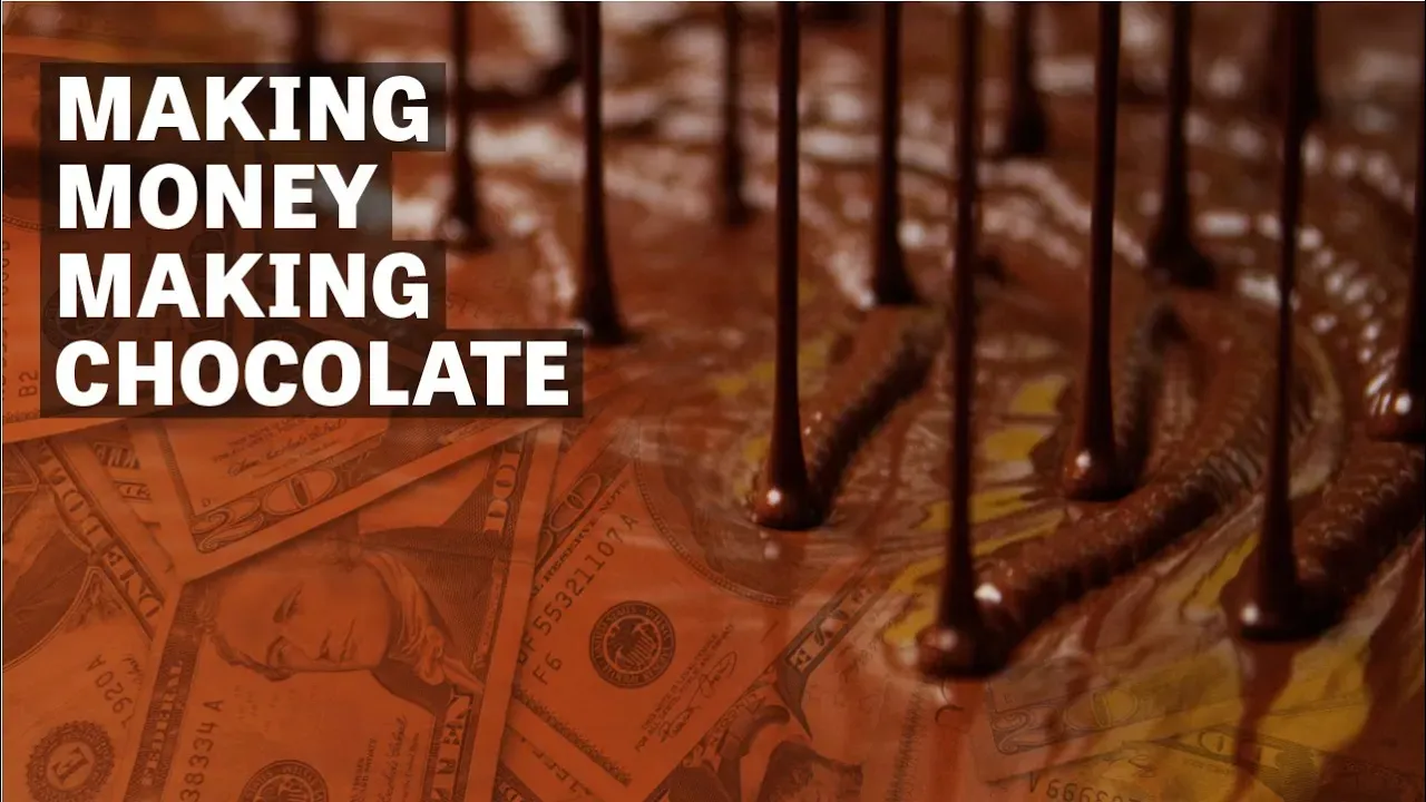 Image of liquid chocolate watermarked with money with text reading "Making Money Making Chocolate". 