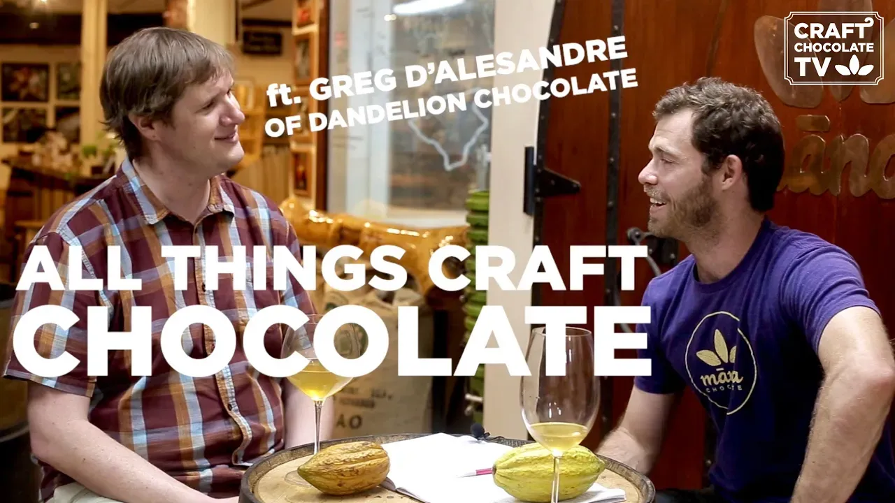 Image of two men talking with text reading "All Things Craft Chocolate". 