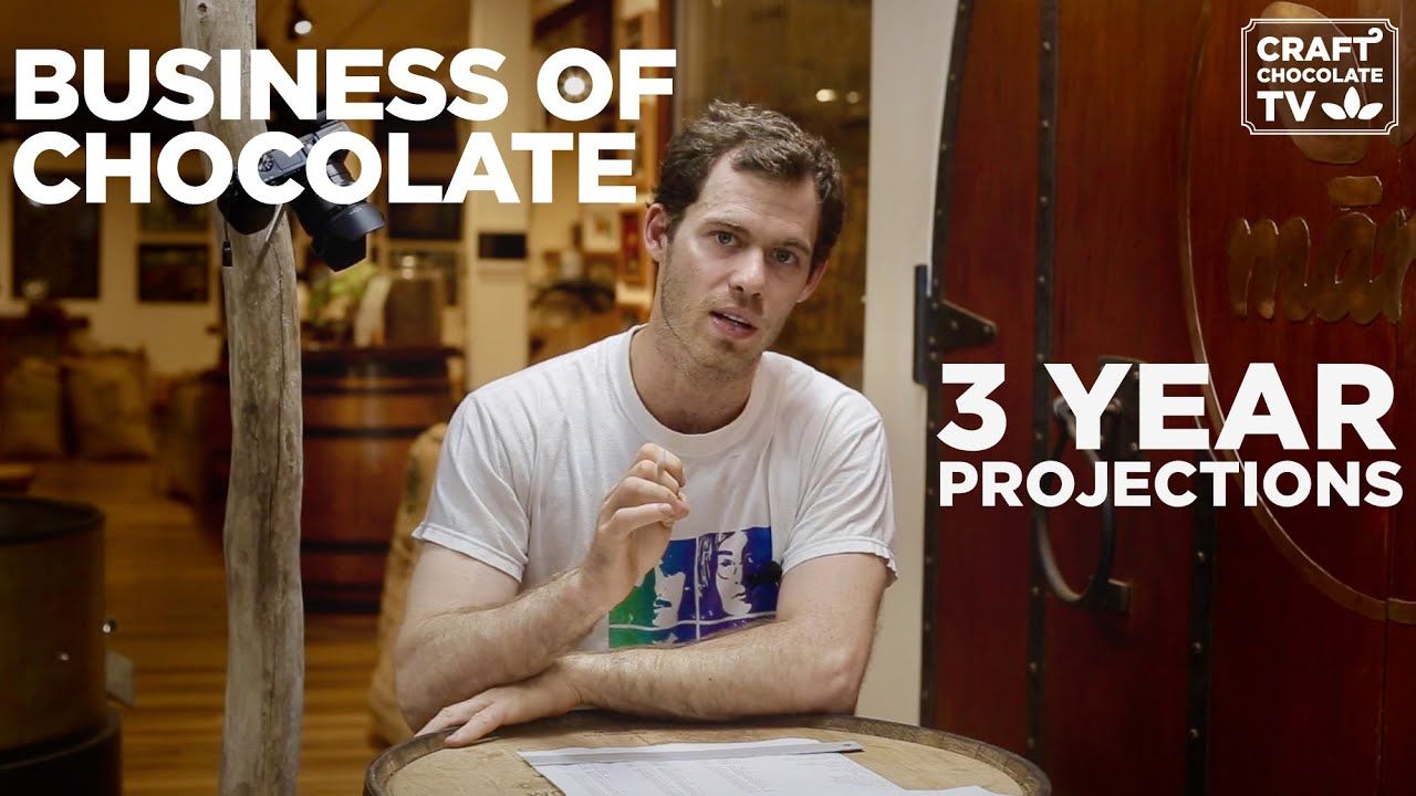 Image of a person at table with text reading "Business of Chocolate 3 year projections". 