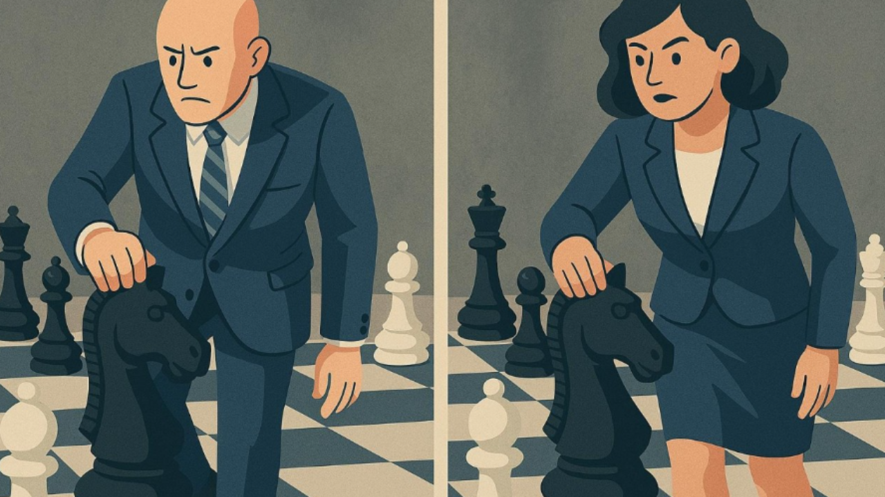 Two executives on opposite sides of a chessboard each holding a knight piece, representing strategy, leadership choices, and navigating complex business challenges.