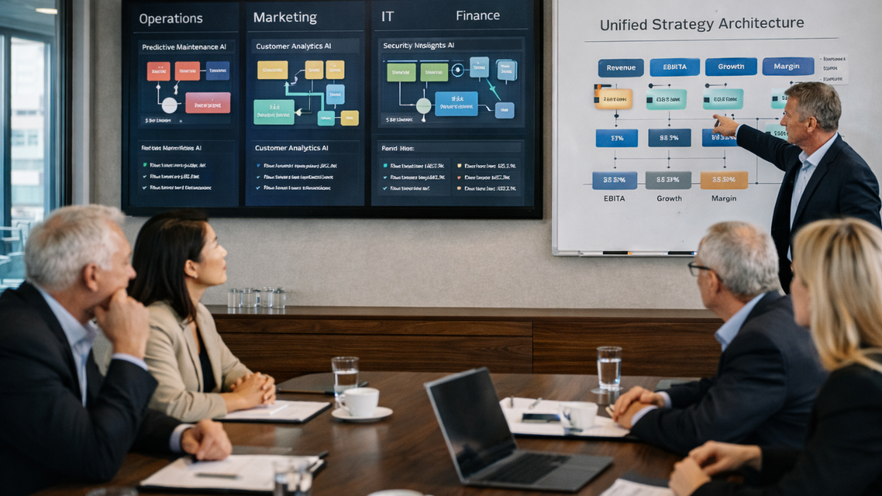 Executive leadership team analyzing financial constraints and AI strategy priorities during a corporate strategy meeting.