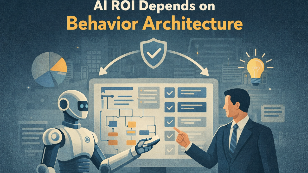 Conceptual illustration showing human leaders collaborating with AI systems through structured workflows and decision making processes.