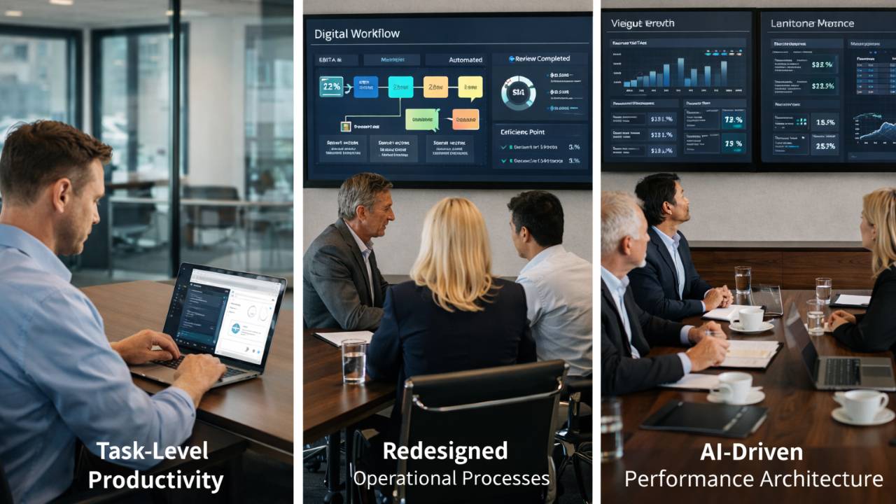 Executive team analyzing AI maturity stages and financial performance dashboards in a modern strategy meeting environment.