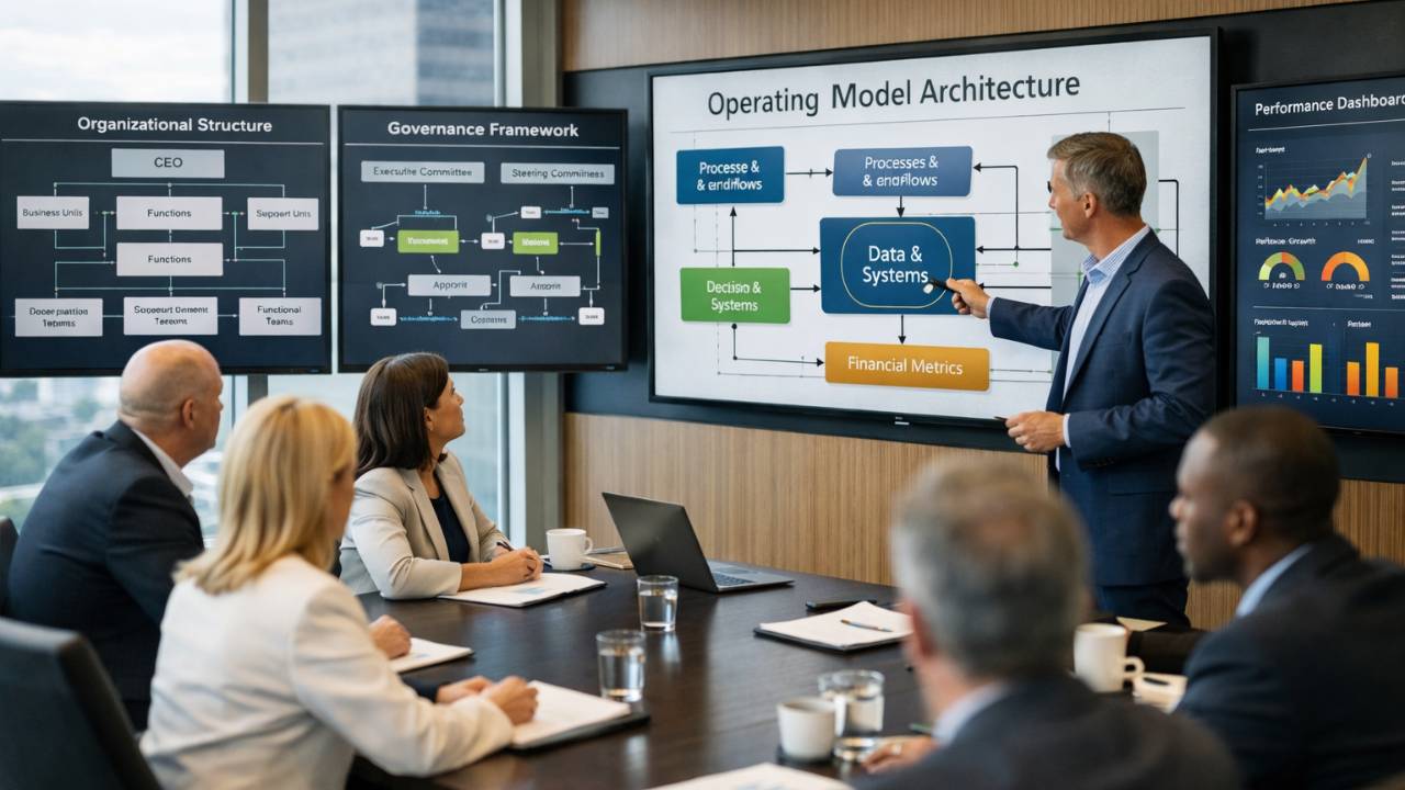 CEO and CFO reviewing AI investment performance and financial metrics during a corporate strategy meeting.