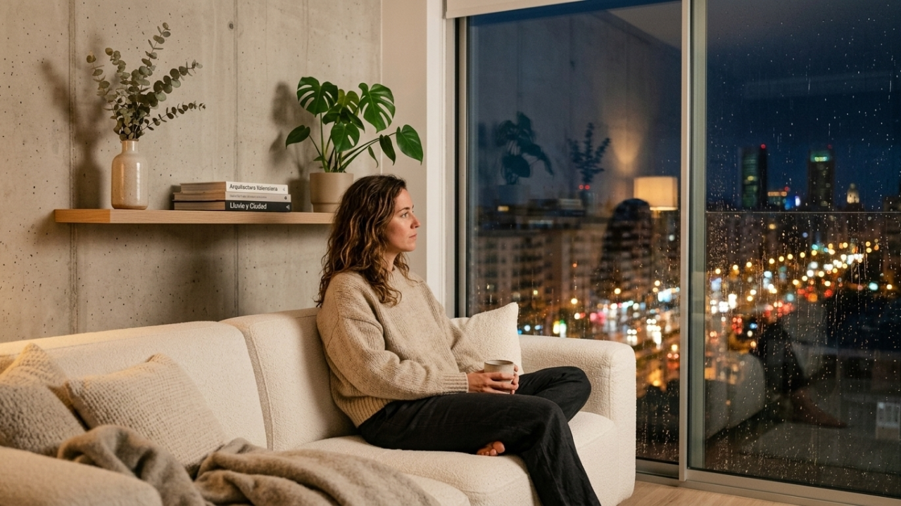 Una mujer sentada sola en un sofá blanco moderno, mirando pensativa a través de una ventana lluviosa hacia las luces de la ciudad de noche, capturando un momento de profunda introspección y soledad tras una pérdida emocional.