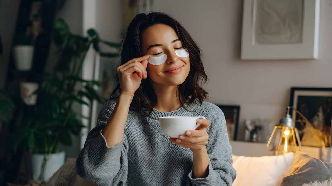 Una mujer con una tasa de té y con mascarilla para las ojeras