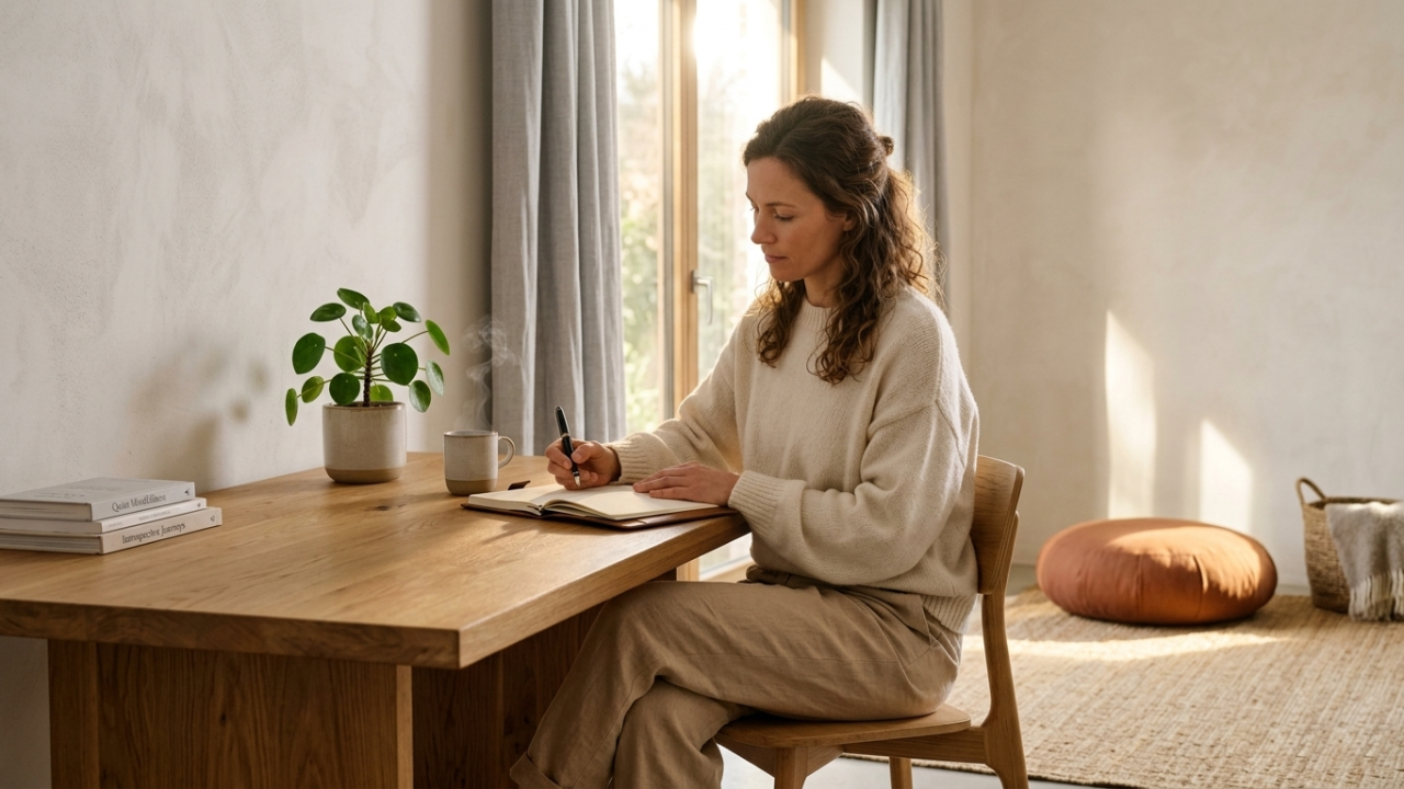 Fotografía de alta resolución de una mujer con ropa cómoda de estar por casa, sentada a un escritorio de madera clara y escribiendo pensativamente en un cuaderno. La habitación es de estilo minimalista con paredes de textura suave, una pequeña planta en una maceta de cerámica y una taza humeante sobre la mesa. En el fondo, un rincón iluminado por el sol cuenta con un cojín de meditación sobre una alfombra de fibras naturales y cortinas de lino claro, creando una atmósfera de paz, bienestar y serenidad matutina.