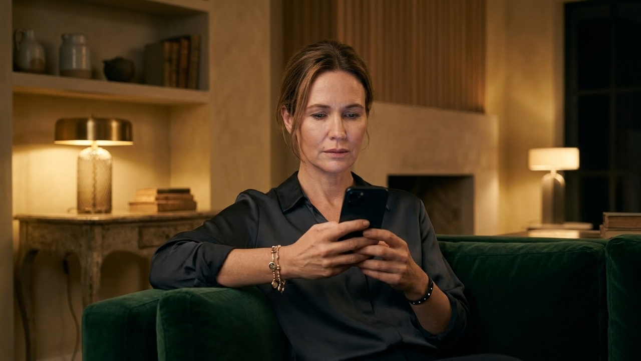 Mujer profesional sintiendo ansiedad por la validación de su pareja a través del teléfono móvil.