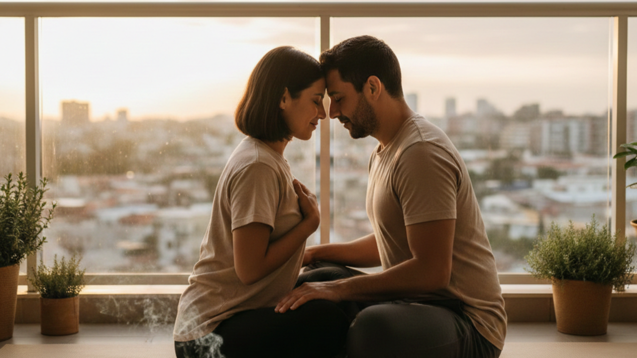 Pareja practicando meditación de conexión (Mindfulness) al atardecer, cultivando amor propio y sanación
