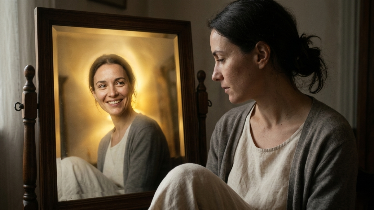  Una mujer en pensativa se sienta mirando sus rodillas, mientras su reflejo en un espejo con marco de madera sonríe brillantemente a la cámara, rodeado de una luz dorada cálida, simbolizando el reencuentro con el valor interno y el "yo" positivo.