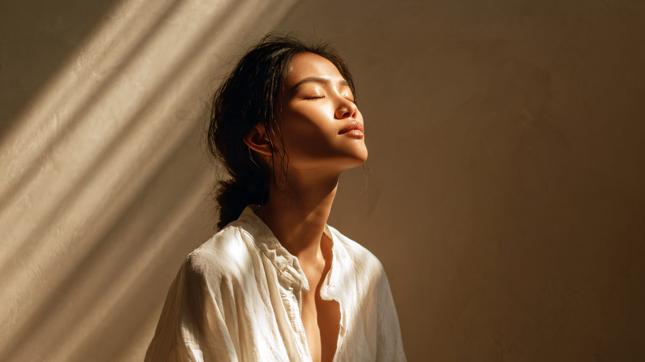Mujer con los ojos cerrados reciviendo luz solar