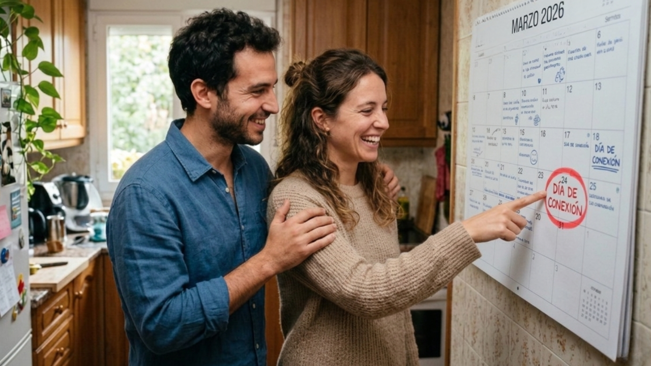 Pareja sonriente en una cocina señalando en un calendario de pared una fecha marcada con un círculo rojo que dice "DÍA DE CONEXIÓN", representando el compromiso de agendar tiempo para meditar y fortalecer su vínculo.