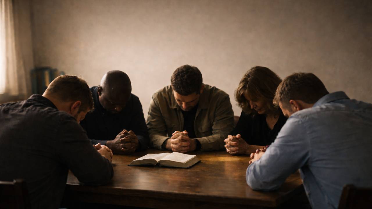 Church leaders gathered in prayer around a table during a season of discernment