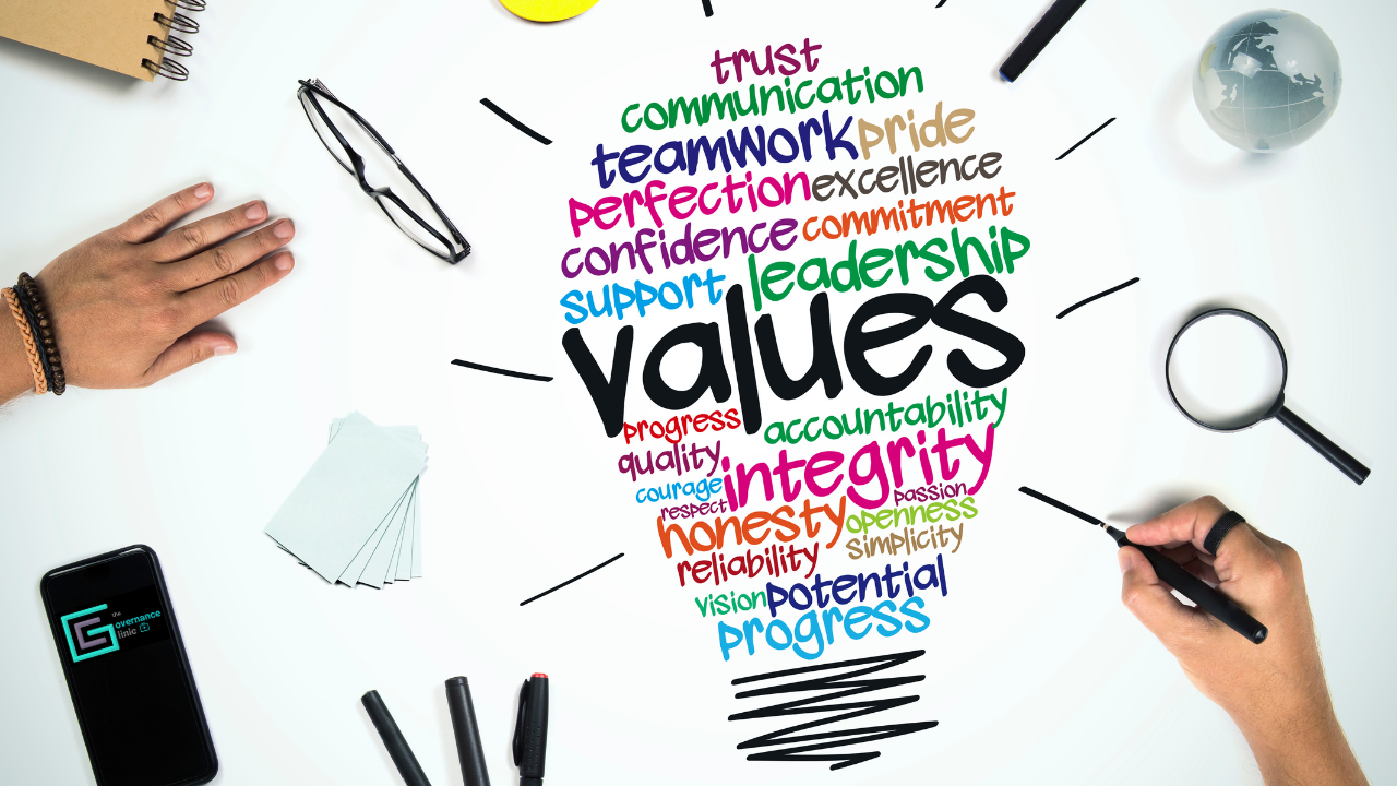 Word cloud in shape of a lightbulb setting out typical corporate value words