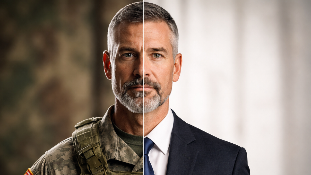Veteran transitioning to civilian life, shown as half soldier and half professional in a suit
