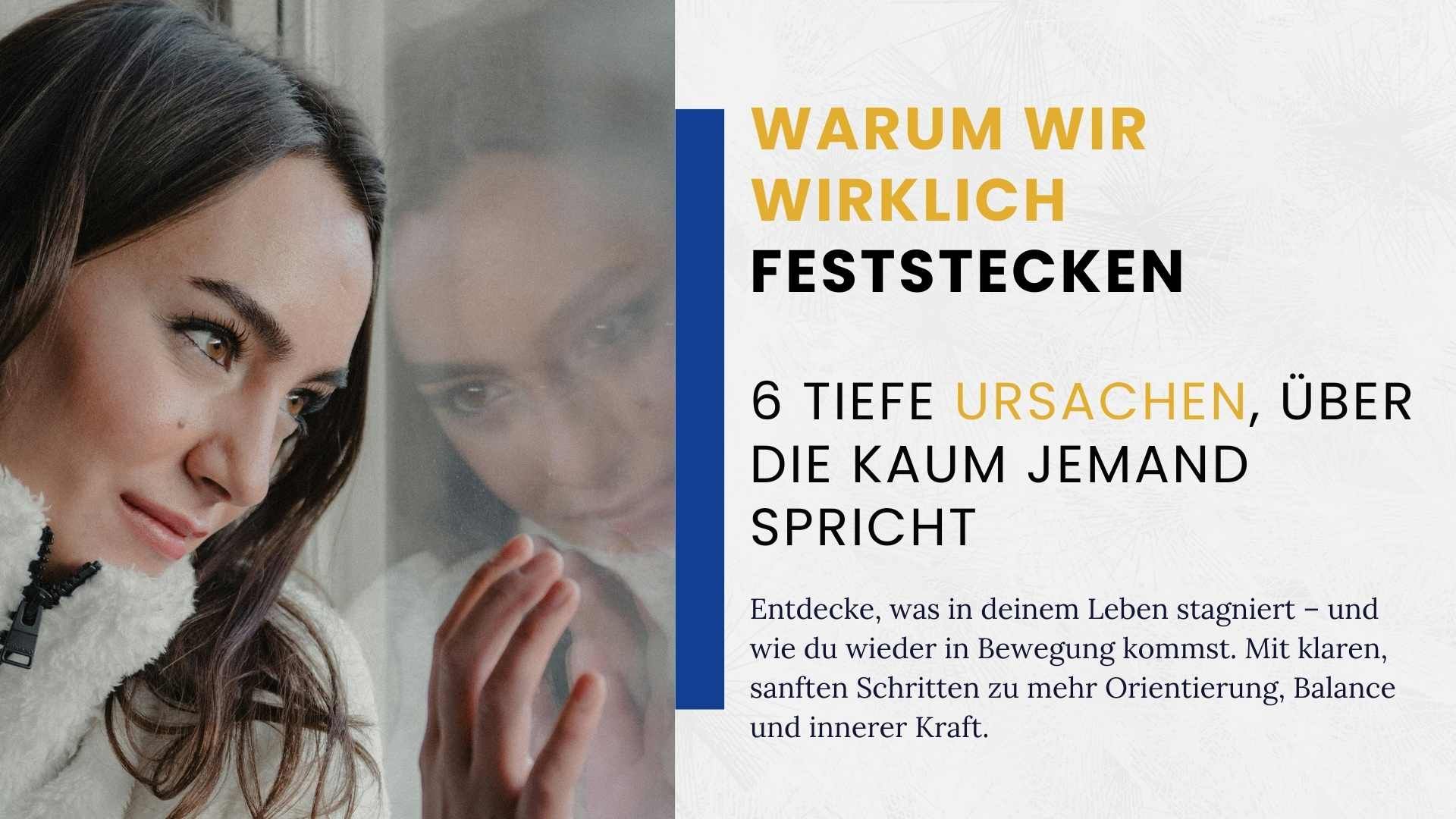 Frau sieht nach außen und gleichzeitig ihr Spiegelbild, als würde sie über ihren Weg und mögliche Veränderungen nachdenken
