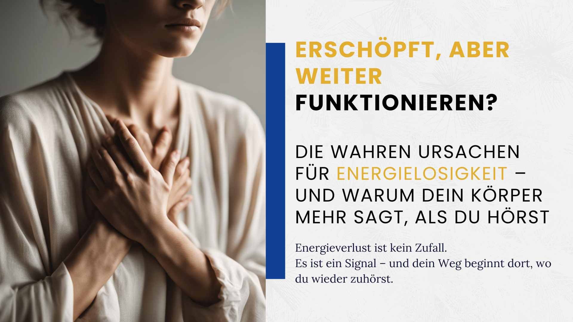 Weiches, atmosphärisches Portrait einer Person mit geschlossenen Augen, die eine Hand sanft auf die Brust legt. Warmes natürliches Licht fällt auf das Gesicht, die Szene wirkt ruhig, minimalistisch und emotional geerdet. Symbol für Erschöpfung, innere Weisheit und den Körper, der spricht.