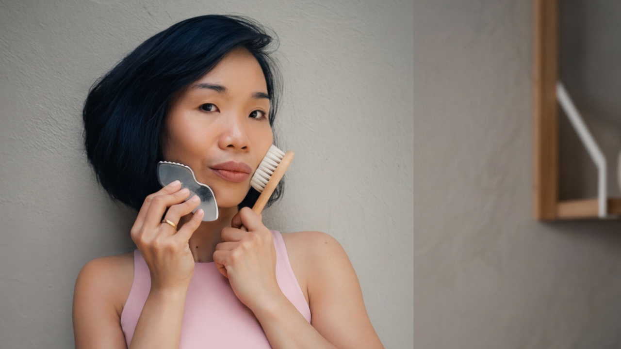 Woman practicing a calm facial massage ritual for natural glow and facial awareness