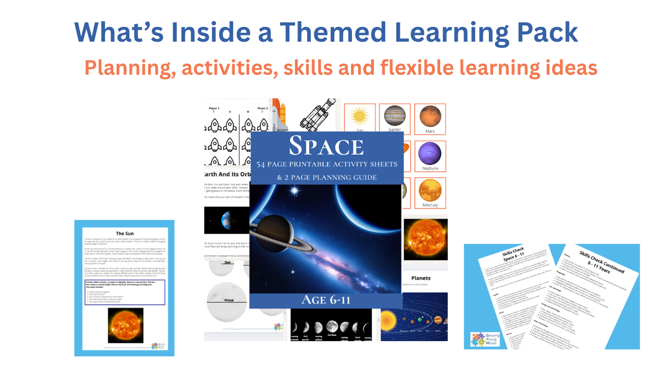 Example of themed learning pack showing activities, planning sheets and skills checks for home education
