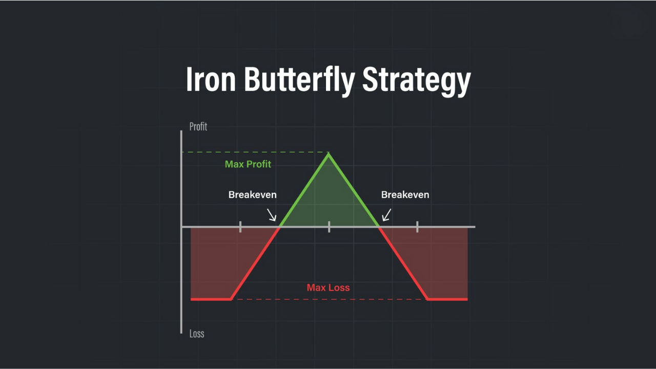 Diagrama de pérdidas y ganancias de una Iron Butterfly mostrando puntos de Breakeven, Max Profit y Max Loss