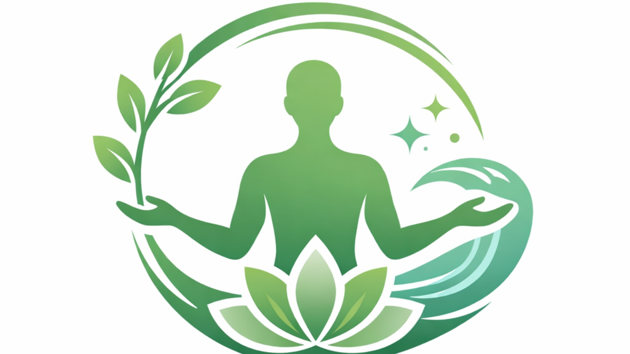 Balanced detox logo featuring a minimalist green human silhouette with outstretched arms, surrounded by natural elements including leaves, water flow, and a lotus flower, symbolizing gentle, holistic body cleansing and wellness on a clean white background.